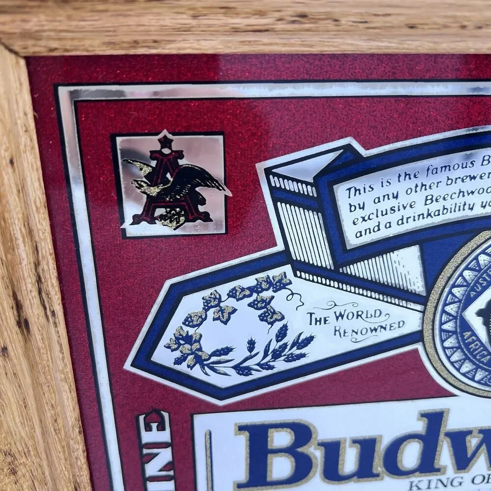 Vintage Budweiser Beer Advertising Solid Wood Framed Mirror Sign Bud-NOS 1981